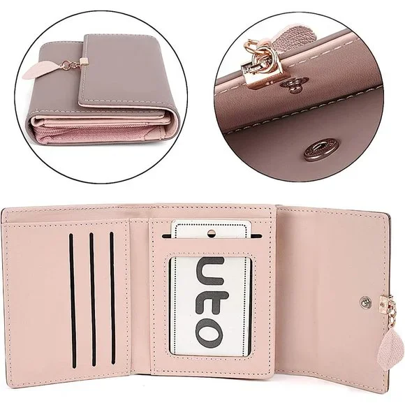 Wallet for Girl Leather Vegan RFID Leaf Pendant Card Holder Checkbook Organizer - Picture 4 of 7